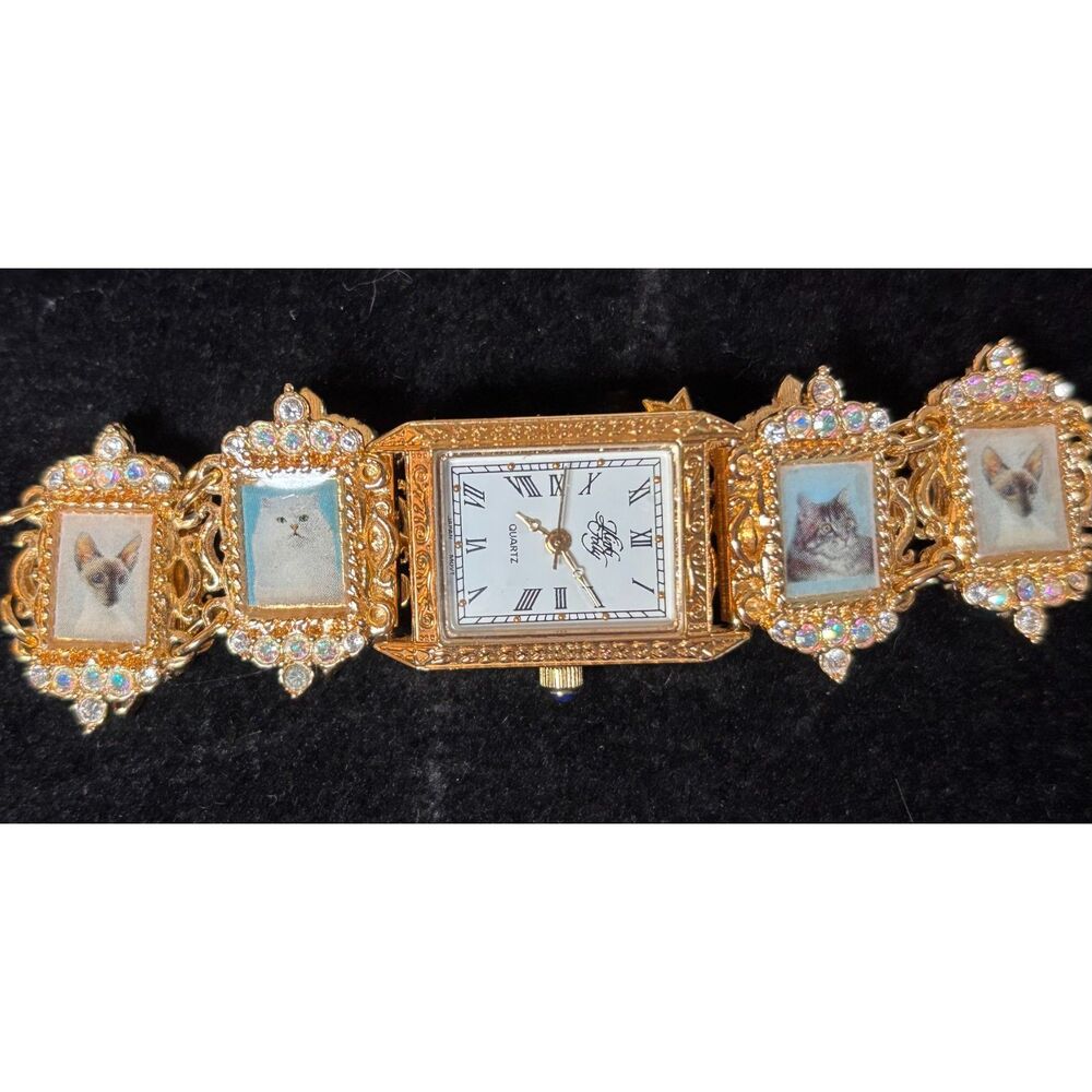 Rare VTG Kirks Folly Cat Portrait Gold Tone Bracelet Watch